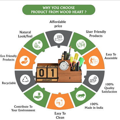 WoodHeart Wooden Perpetual Calendar Desk Organizer with Clock