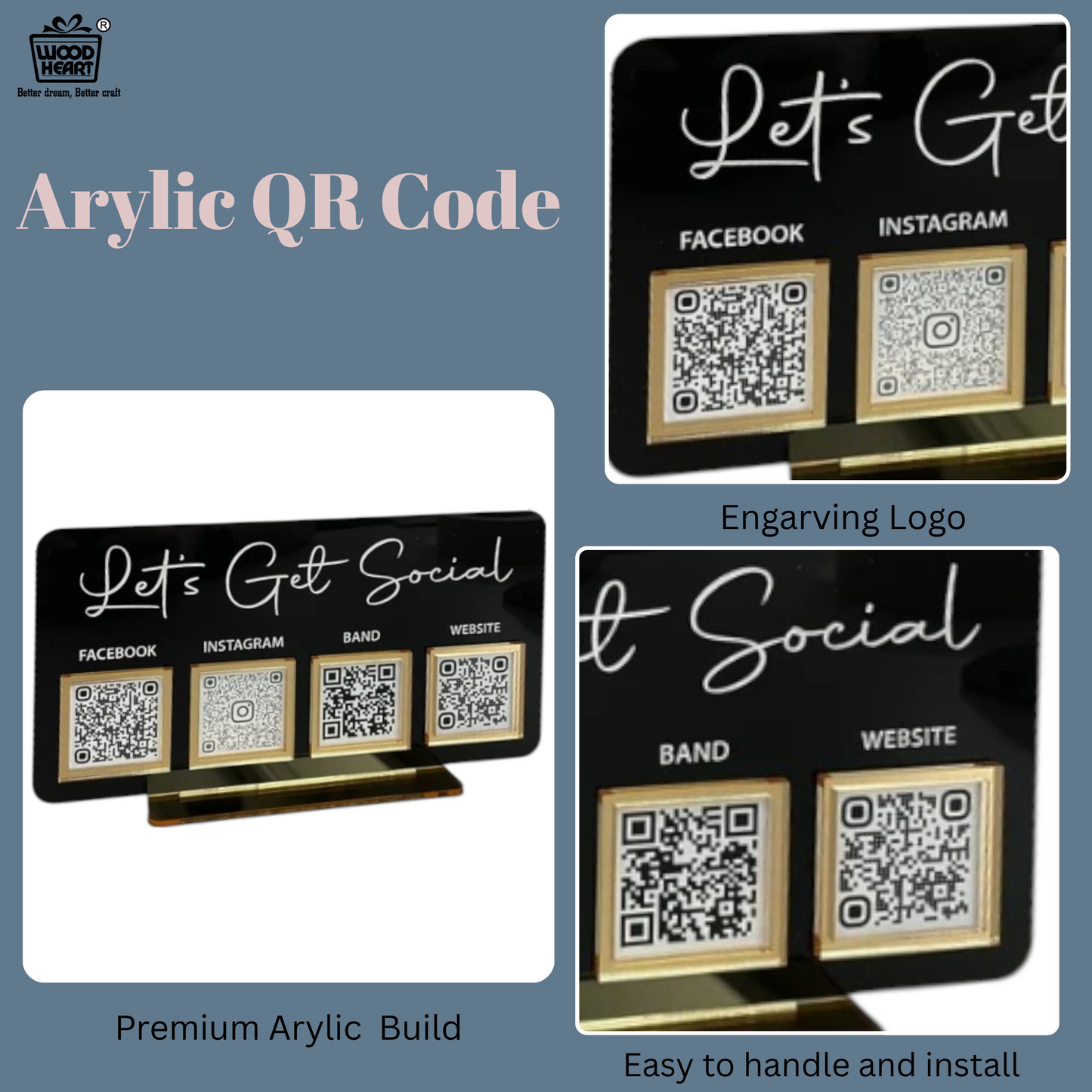 Luxury Black Acrylic QR Code Display Stand – “Let’s Get Social”