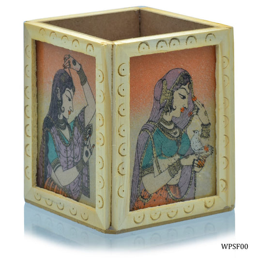 Hand-Painted Wooden Pen Stand – Rajasthani Miniature Art
