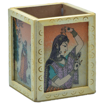 Hand-Painted Wooden Pen Stand – Rajasthani Miniature Art