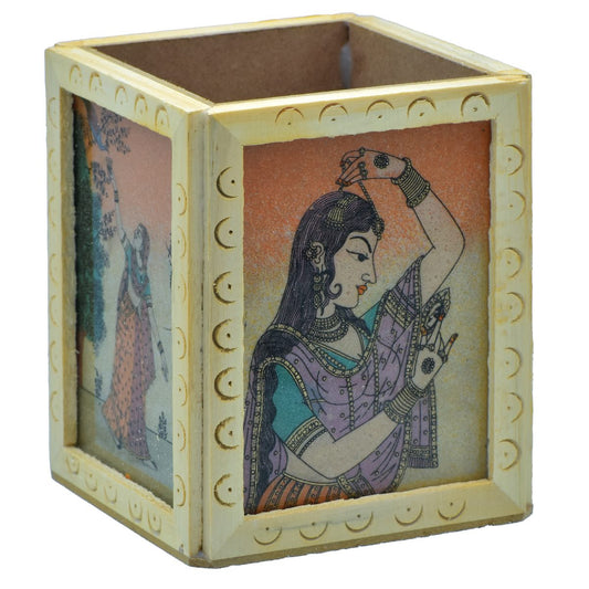 Hand-Painted Wooden Pen Stand – Rajasthani Miniature Art