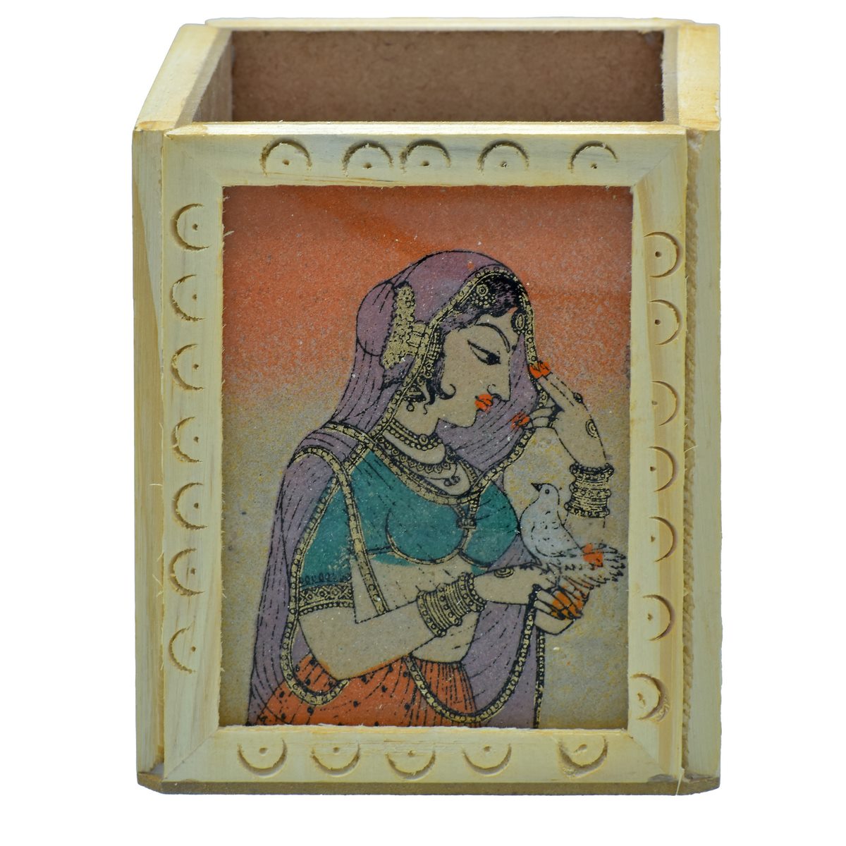 Hand-Painted Wooden Pen Stand – Rajasthani Miniature Art