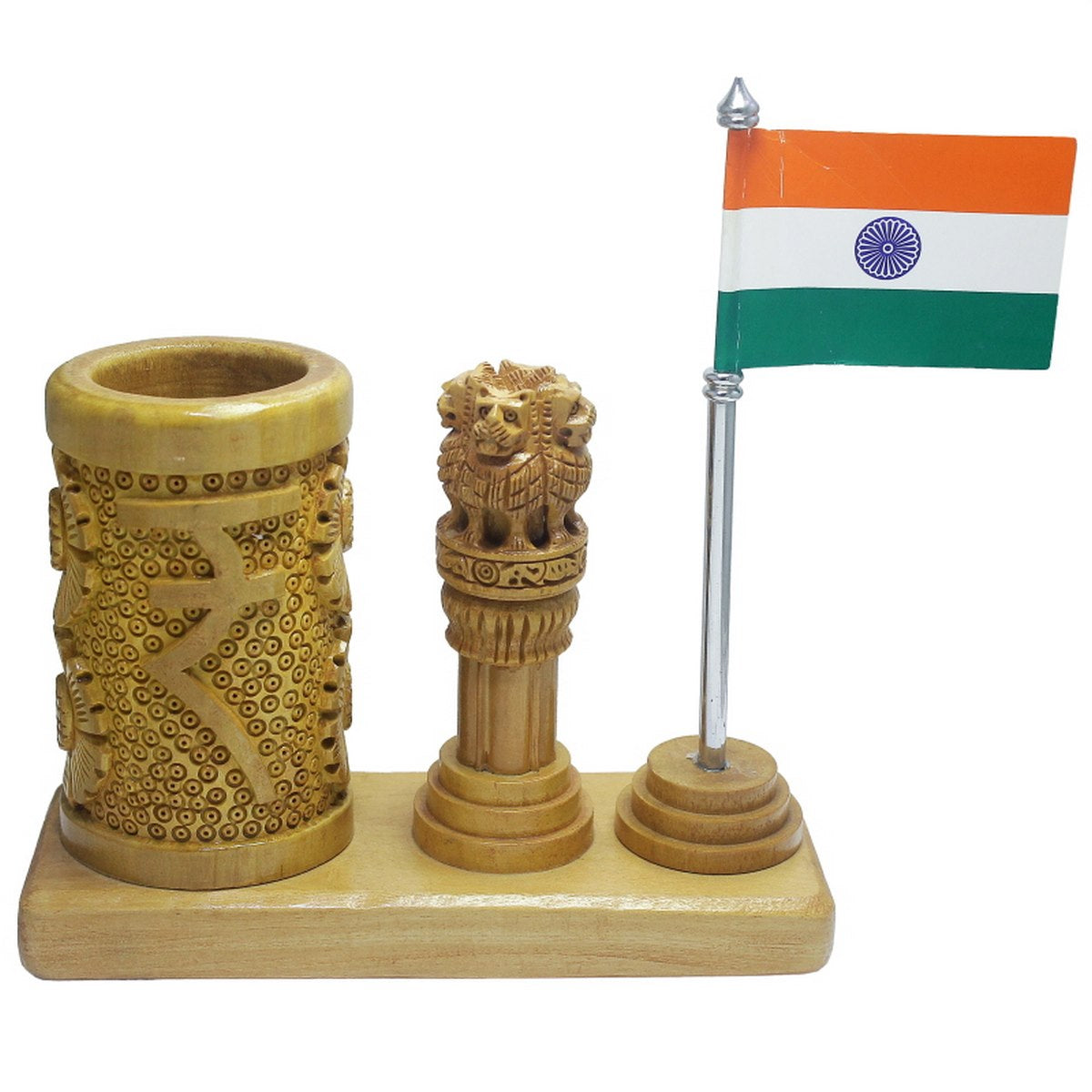 Wooden Ashoka Pillar Desk Set with Pen Stand & Flag