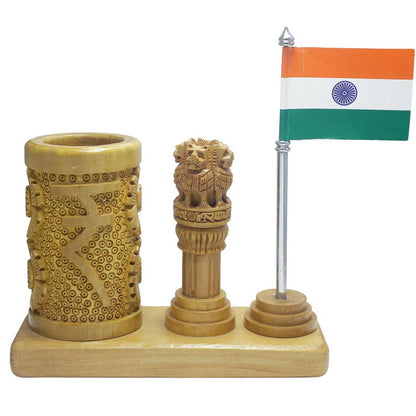 Wooden Ashoka Pillar Desk Set with Pen Stand & Flag