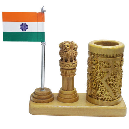 Wooden Ashoka Pillar Desk Set with Pen Stand & Flag