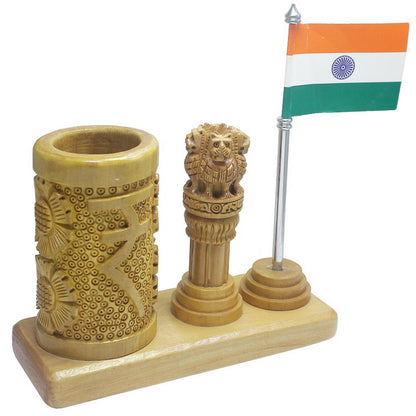 Wooden Ashoka Pillar Desk Set with Pen Stand & Flag