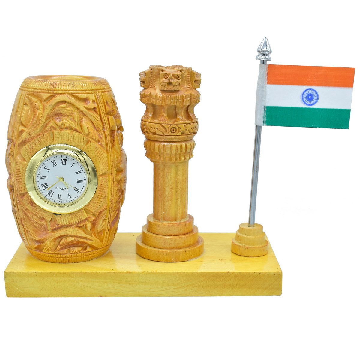 Wooden Desk Set with Clock, Ashoka Pillar & Flag