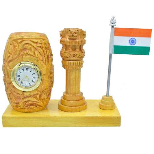 Wooden Desk Set with Clock, Ashoka Pillar & Flag