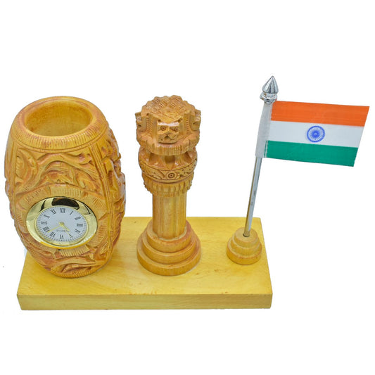 Wooden Desk Set with Clock, Ashoka Pillar & Flag