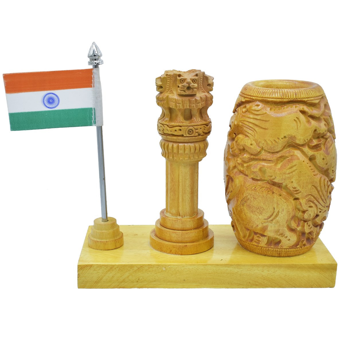 Wooden Desk Set with Clock, Ashoka Pillar & Flag