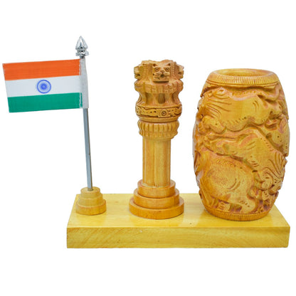 Wooden Desk Set with Clock, Ashoka Pillar & Flag