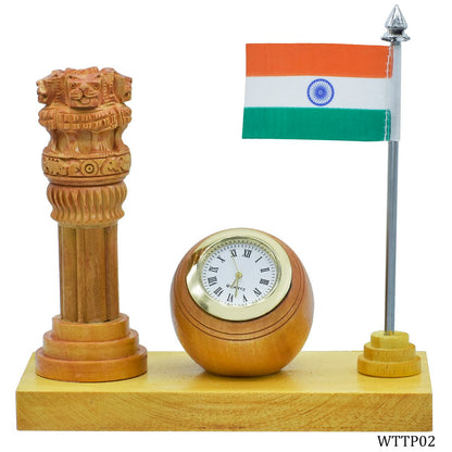 Wooden Desk Set with Ashoka Pillar, Ball Clock & Indian Flag