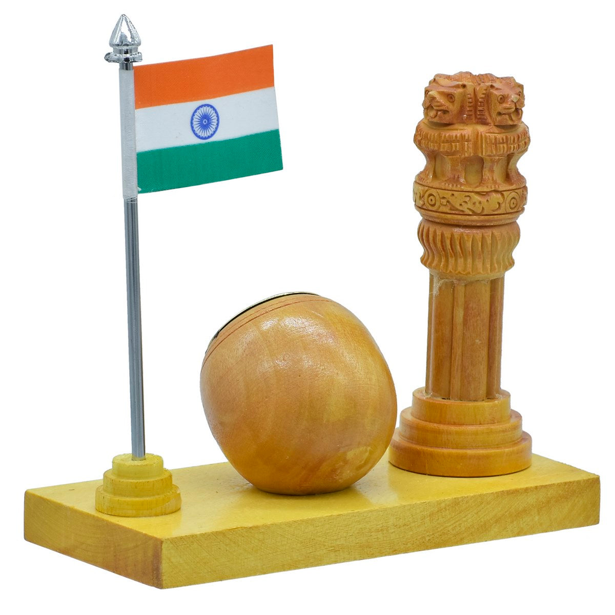 Wooden Desk Set with Ashoka Pillar, Ball Clock & Indian Flag