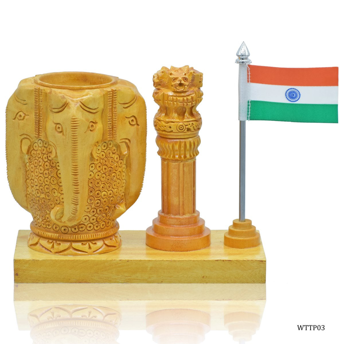 Wooden Elephant Pen Stand with Ashoka Pillar & Indian Flag