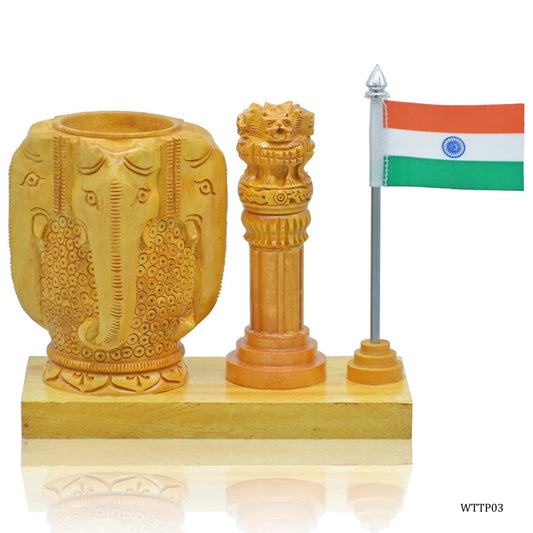 Wooden Elephant Pen Stand with Ashoka Pillar & Indian Flag