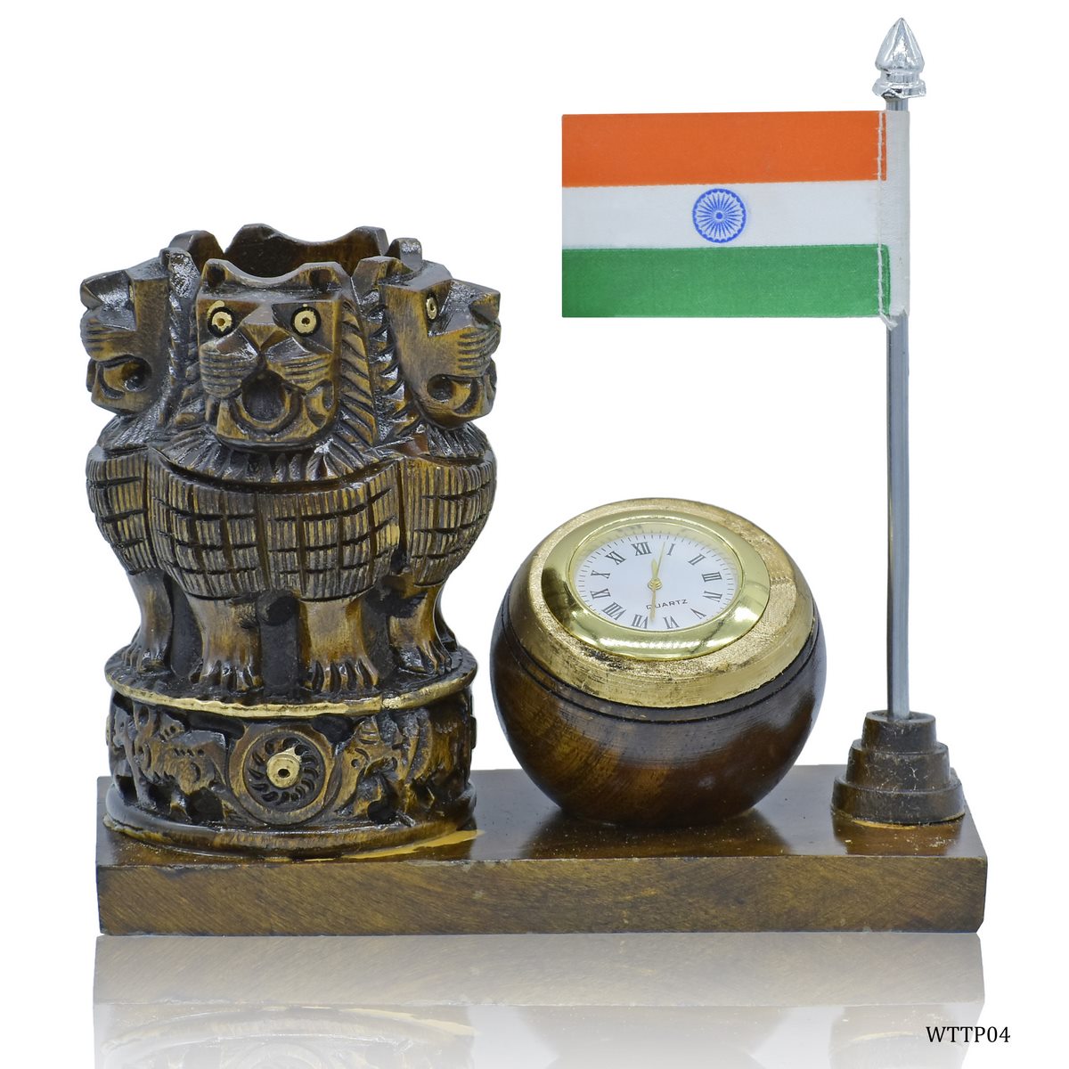 Wooden Ashoka Emblem Pen Stand with Clock & Indian Flag