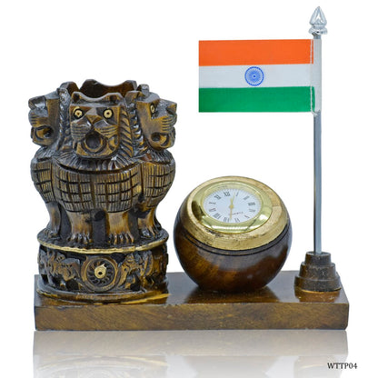 Wooden Ashoka Emblem Pen Stand with Clock & Indian Flag