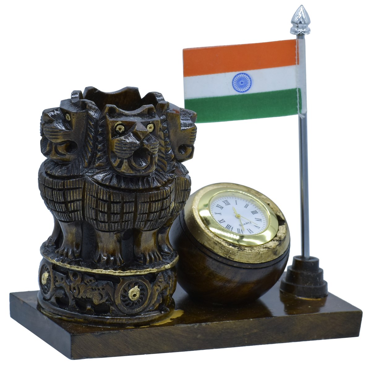 Wooden Ashoka Emblem Pen Stand with Clock & Indian Flag