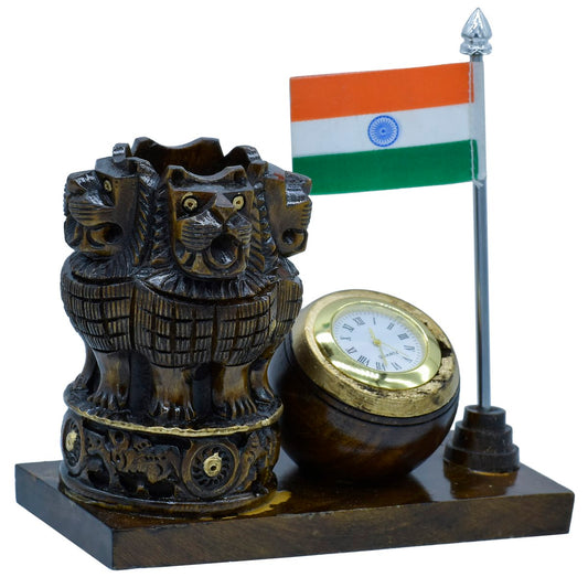 Wooden Ashoka Emblem Pen Stand with Clock & Indian Flag