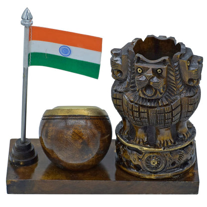 Wooden Ashoka Emblem Pen Stand with Clock & Indian Flag