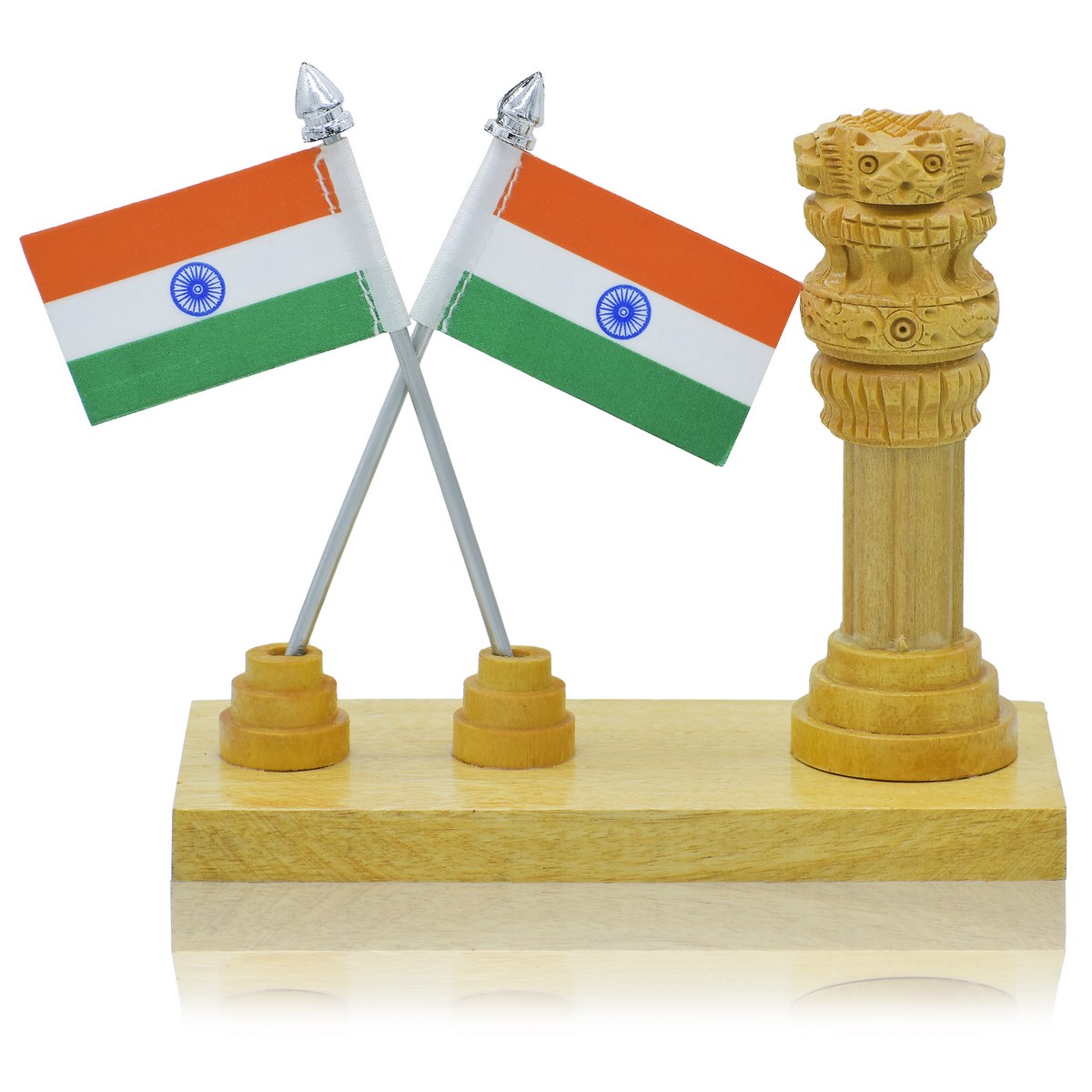 Wooden Ashoka Pillar with Twin Indian Flags