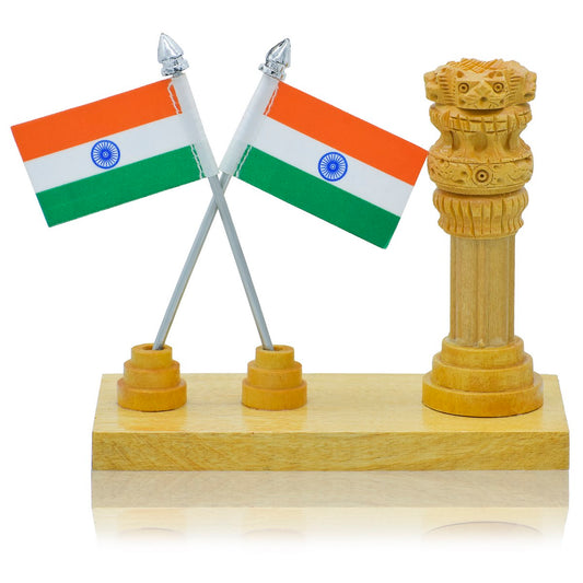 Wooden Ashoka Pillar with Twin Indian Flags