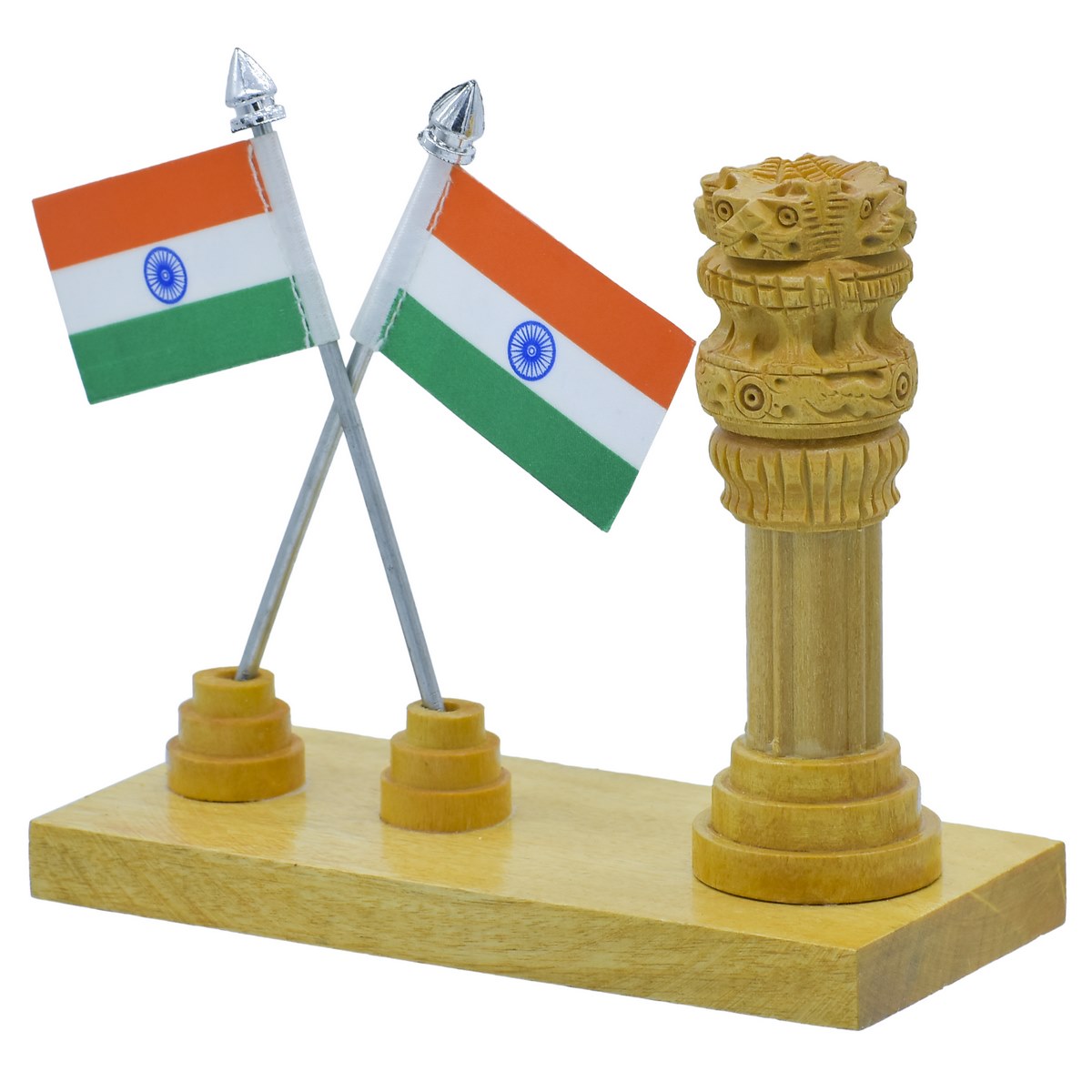 Wooden Ashoka Pillar with Twin Indian Flags