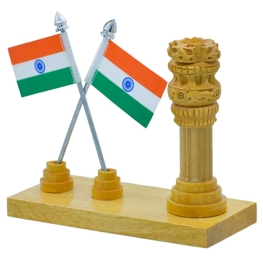 Wooden Ashoka Pillar with Twin Indian Flags