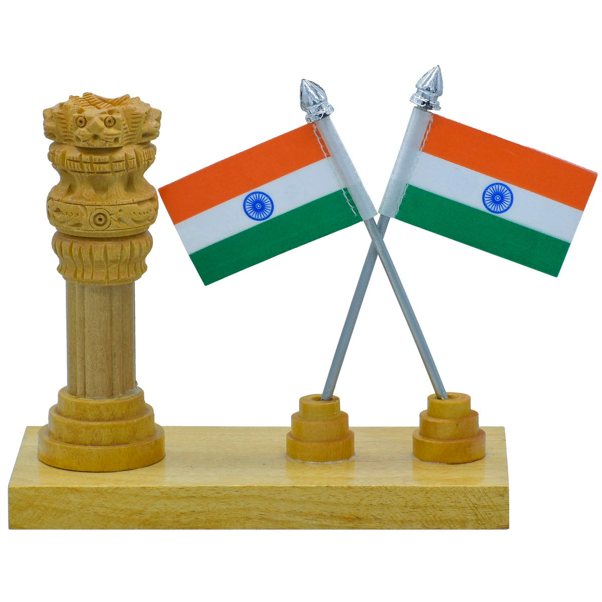 Wooden Ashoka Pillar with Twin Indian Flags