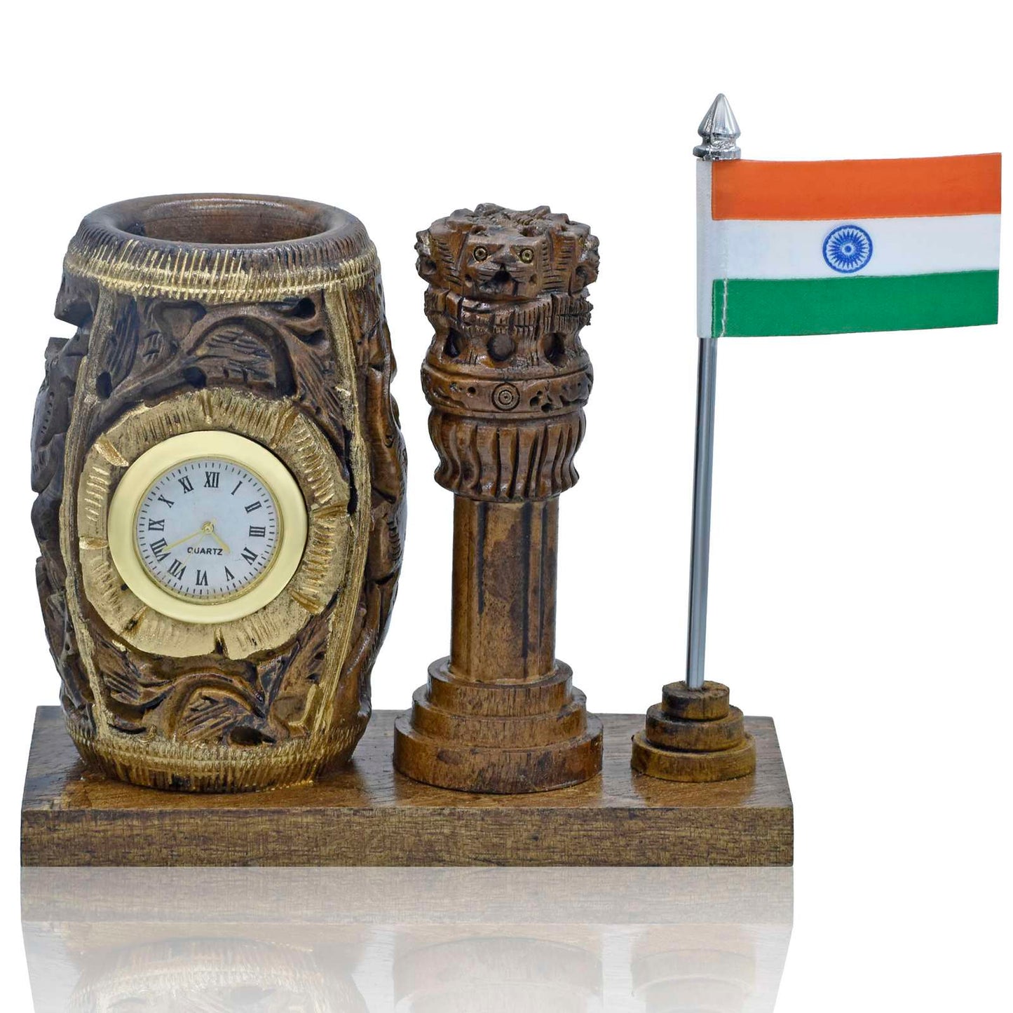 Wooden Ashoka Pillar Pen Stand with Clock & Indian Flag