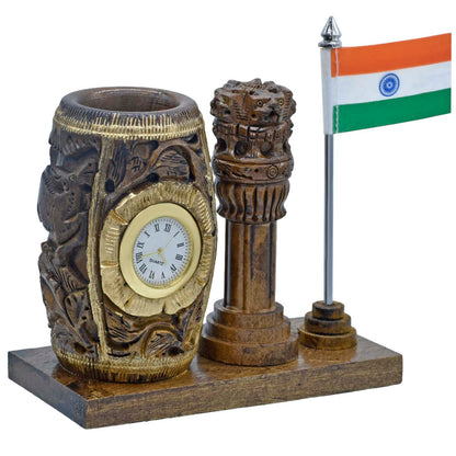 Wooden Ashoka Pillar Pen Stand with Clock & Indian Flag