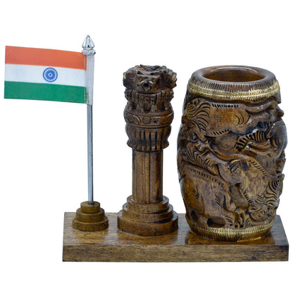 Wooden Ashoka Pillar Pen Stand with Clock & Indian Flag