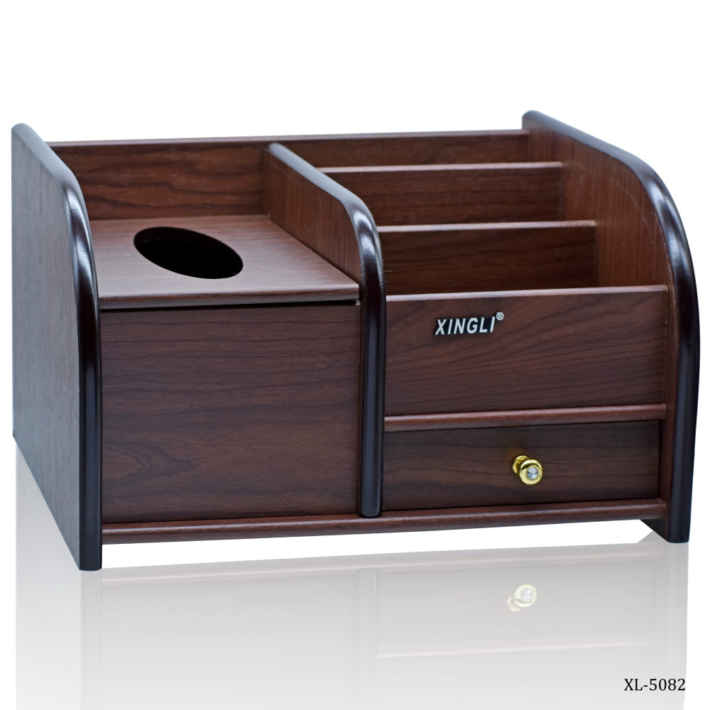 Wooden Desk Organizer with Tissue Box Holder and Drawer